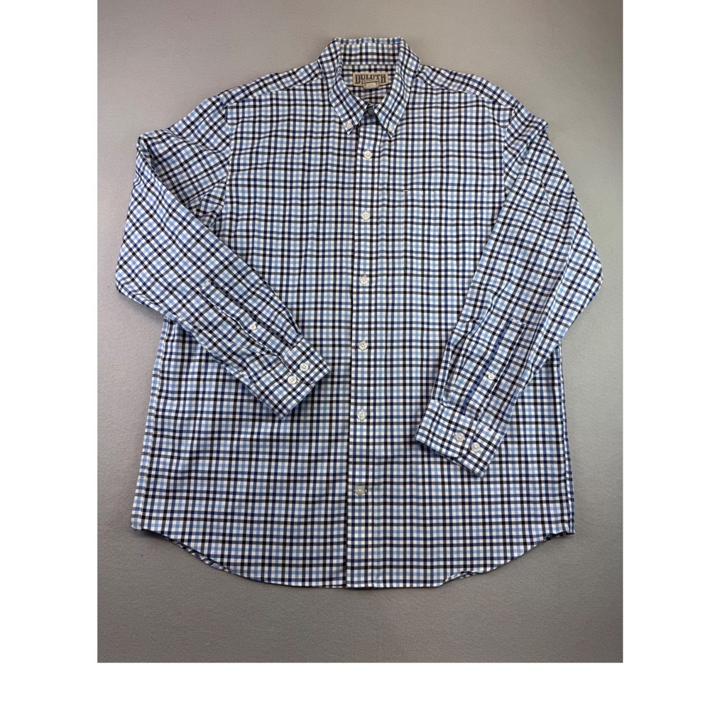 Duluth Trading Co Mens Large Blue Black Plaid Cotton Button Down Shirt L